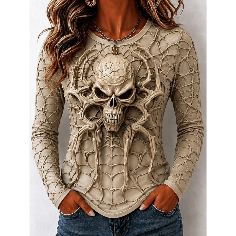 Women's Skull and Spider Web Print Top – Relaxed Long Sleeve