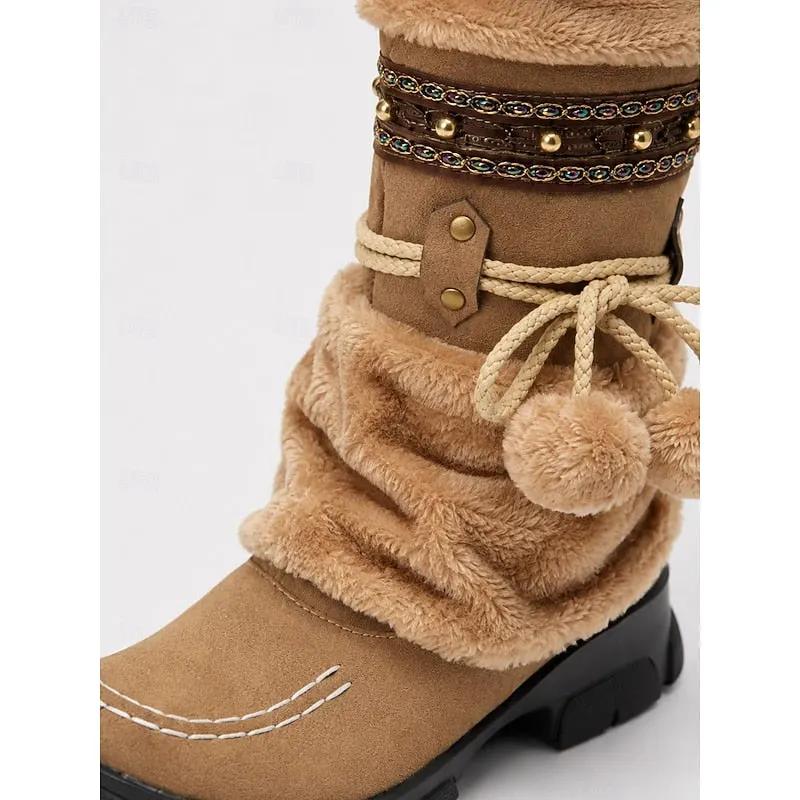 Women's Braided Pom-Pom Mid-Calf Boots-Women's Shoes-Bellmaren-Brown-4-My Store