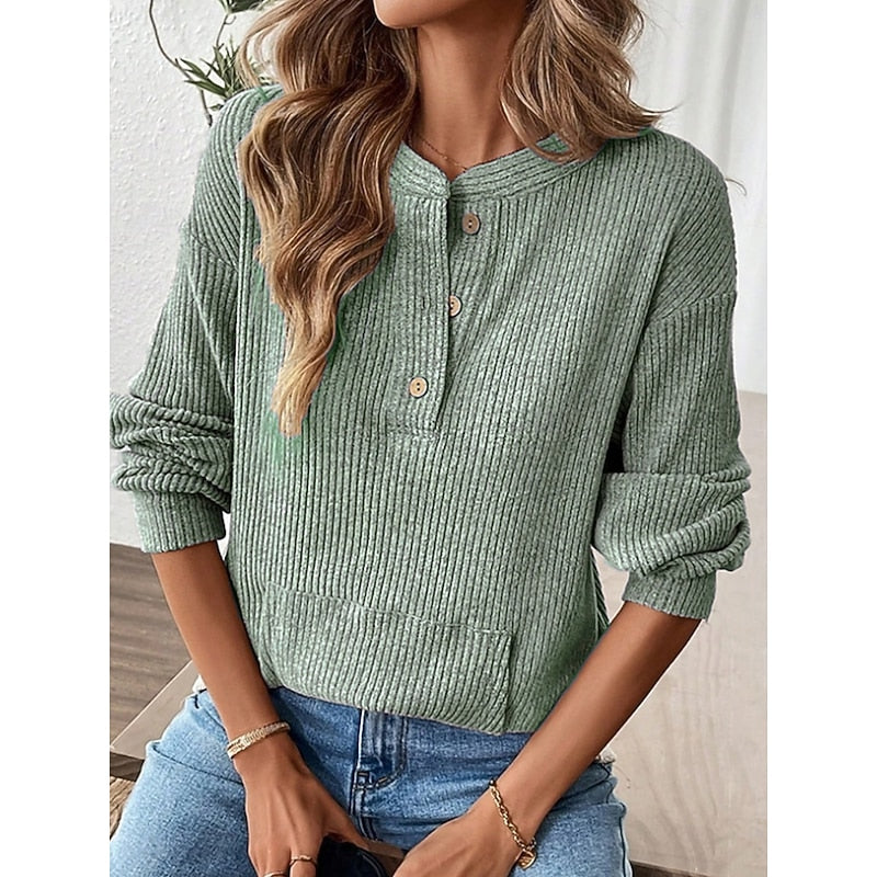 Women's Relaxed Ribbed Henley Top with Front Pockets by Bellmaren