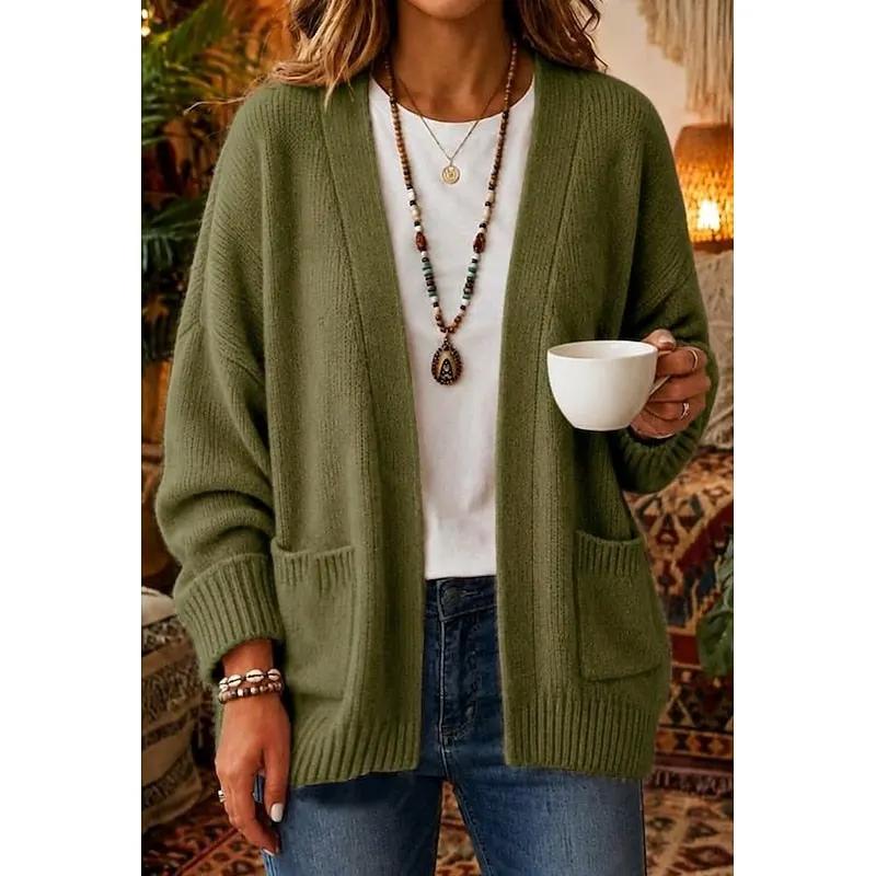 Women's Relaxed V-Neck Open-Front Cardigan With Front Pockets-Women’s Cardigans-Bellmaren-Green-S-My Store