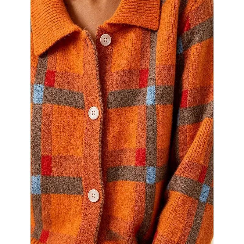 Women's Plaid Button Cardigan with Collar-Women’s Cardigans-Bellmaren-Orange-S-My Store