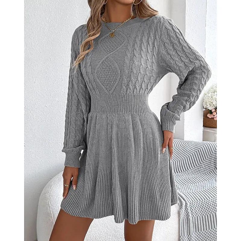 Women's Cable-Knit Sweater Dress With Defined Waist-Women's Dresses-Bellmaren-Grey-S-My Store
