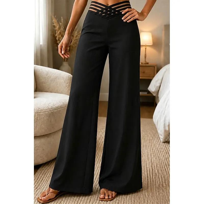 Women's High-Waist Wide-Leg Trousers with Stretch Fit-Women's Trousers-Bellmaren-Black-S-My Store