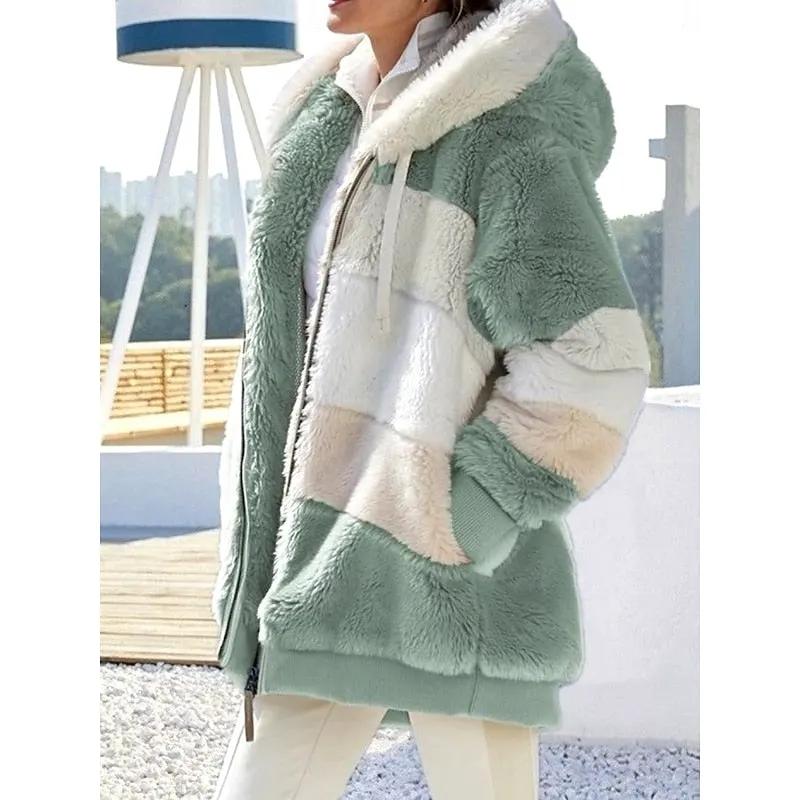 Women's Plush Hooded Zip-Up Jacket – Relaxed Fit, Side Pockets
