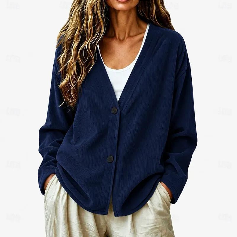 Women's Relaxed V-Neck Button Cardigan for Layering-Women’s Cardigans-Bellmaren-Navy Blue-S-My Store