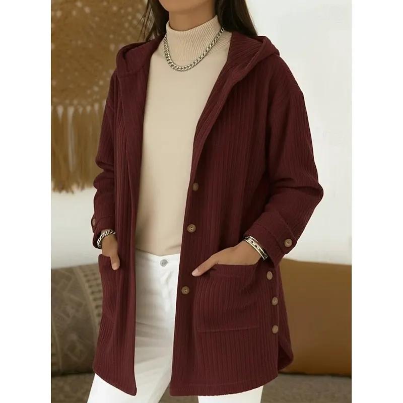 Women's Beige Hooded Button-Front Coat For Daily Wear-Women's Coats & Jackets-Bellmaren-Wine-S-My Store