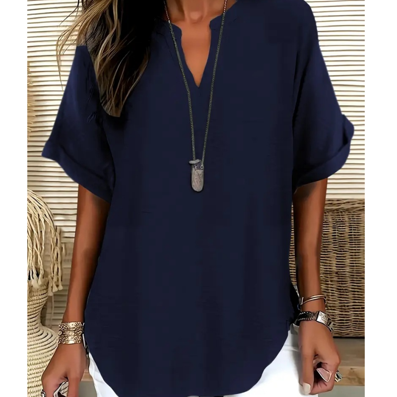 Women's Half Sleeve V-Neck Blouse – Split Collar, Smart Casual