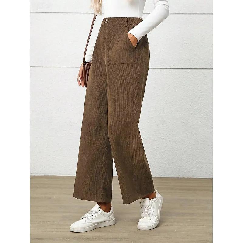 Women's High Waisted Wide Leg Trousers with Pockets-Women's Trousers-Bellmaren-Dark Brown-S-My Store
