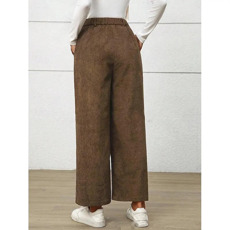 Women's High Waisted Wide Leg Trousers with Pockets-Women's Trousers-Bellmaren-Dark Brown-S-My Store
