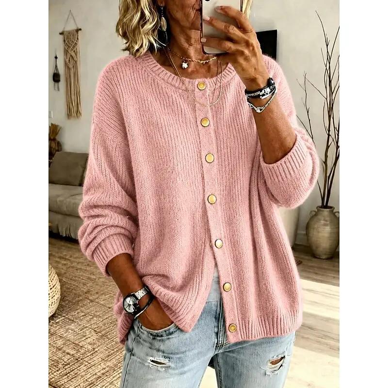 Women's Crew Neck Button-Front Cardigan – Soft Relaxed Knit