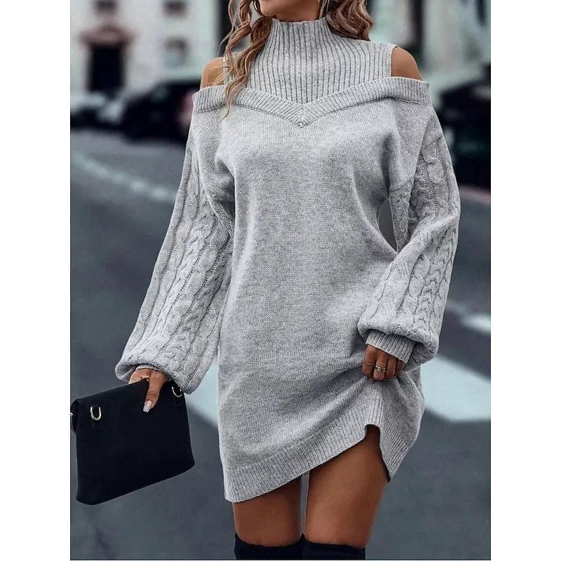 Women's Cold-Shoulder Turtleneck Sweater Dress-Women's Dresses-Bellmaren-Khaki-S-My Store