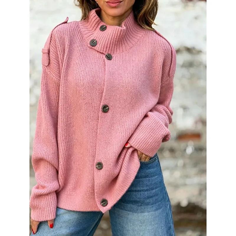 Women's Stand Collar Ribbed Cardigan – Relaxed Button-Front Knit