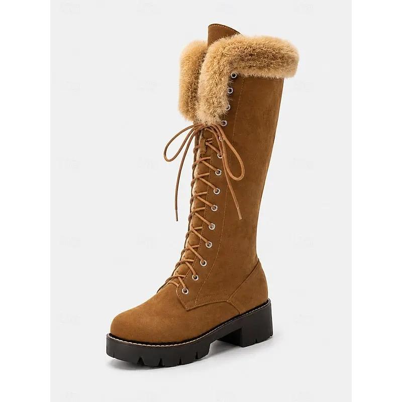 Women's Plush-Cuff Lace-Up Knee-High Winter Boots-Women's Shoes-Bellmaren-Camel-7-My Store