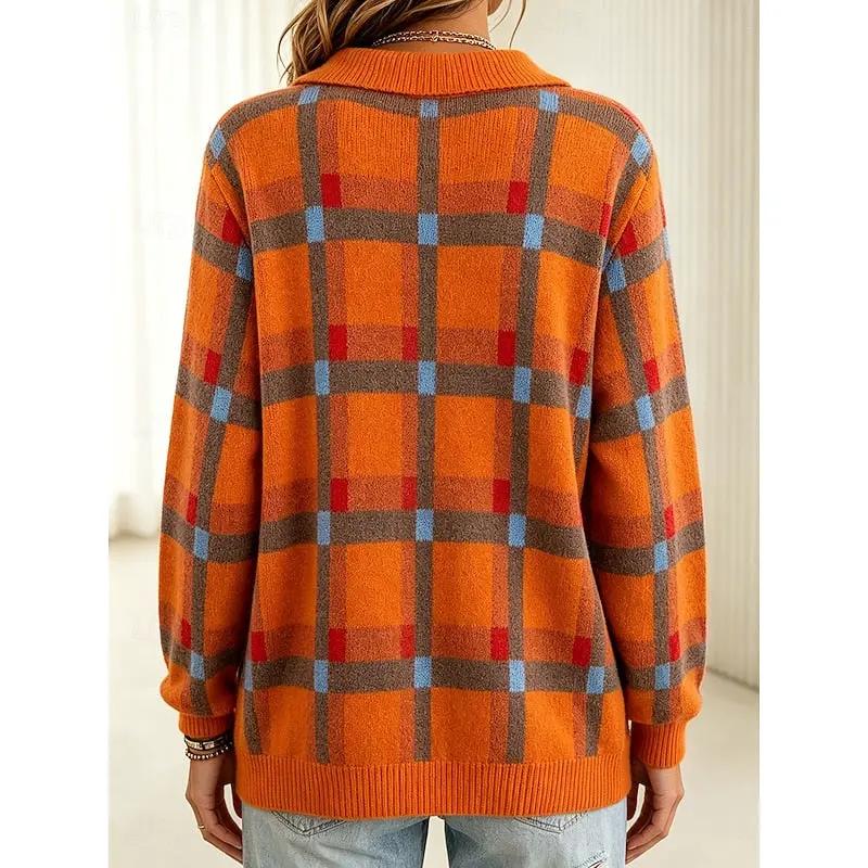 Women's Plaid Button Cardigan with Collar-Women’s Cardigans-Bellmaren-Orange-S-My Store