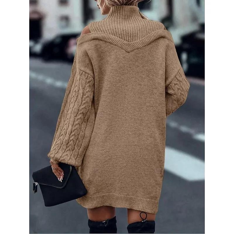 Women's Cold-Shoulder Turtleneck Sweater Dress-Women's Dresses-Bellmaren-Khaki-S-My Store