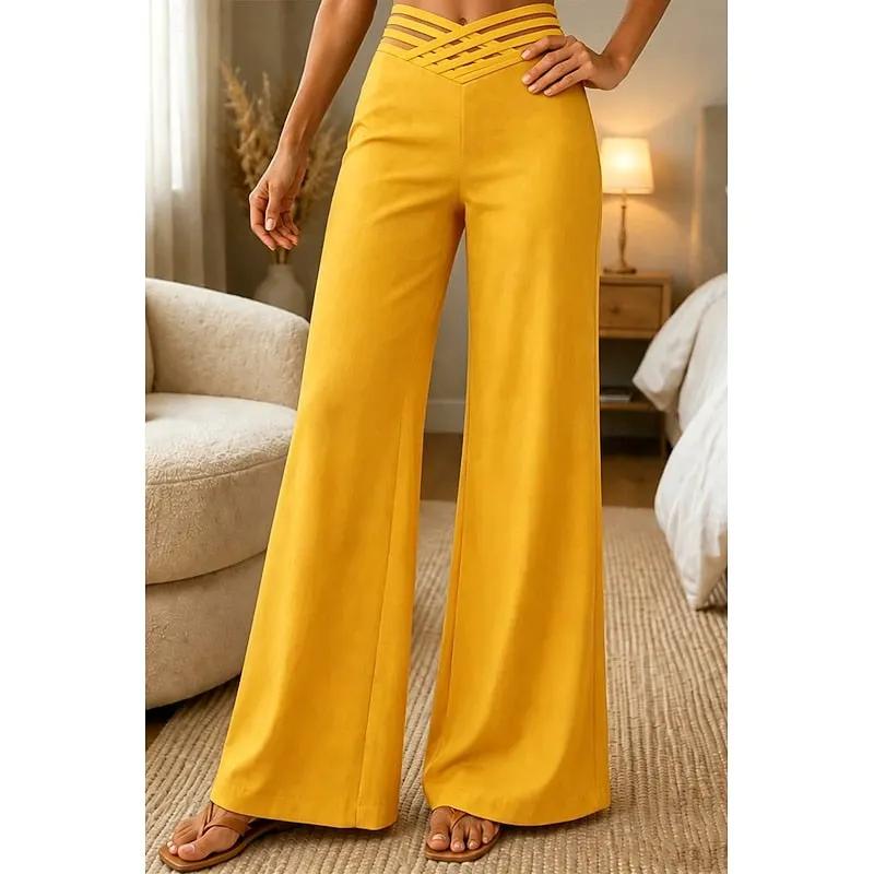 Women's High-Waist Wide-Leg Trousers with Stretch Fit-Women's Trousers-Bellmaren-Yellow-S-My Store