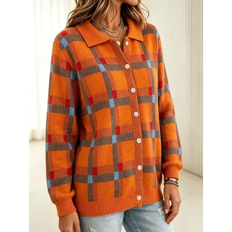 Women's Plaid Button Cardigan with Collar-Women’s Cardigans-Bellmaren-Orange-S-My Store