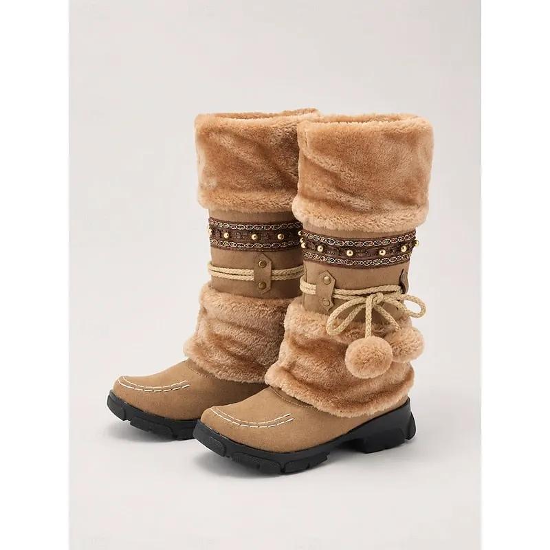 Women's Braided Pom-Pom Mid-Calf Boots-Women's Shoes-Bellmaren-Brown-4-My Store