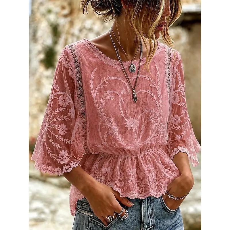 Women's Embroidered Peplum Blouse with Crew Neck-Women's Tops-Bellmaren-Pink-S-My Store