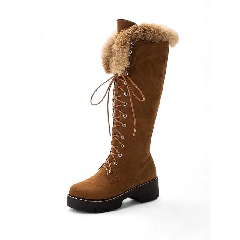 Women's Plush-Cuff Lace-Up Knee-High Winter Boots-Women's Shoes-Bellmaren-Camel-7-My Store