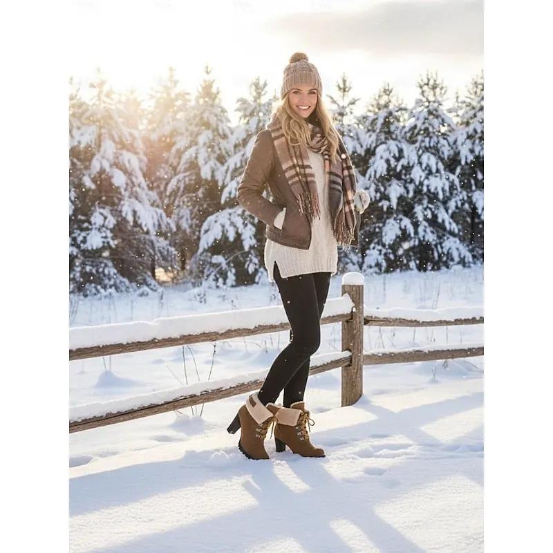 Women's Plush-Lined Chunky Heel Winter Boots-Women's Shoes-Bellmaren-Yellow-7-My Store