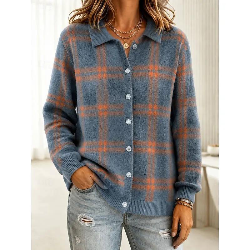 Women's Plaid Button Cardigan with Collar-Women’s Cardigans-Bellmaren-Dusty Blue-S-My Store