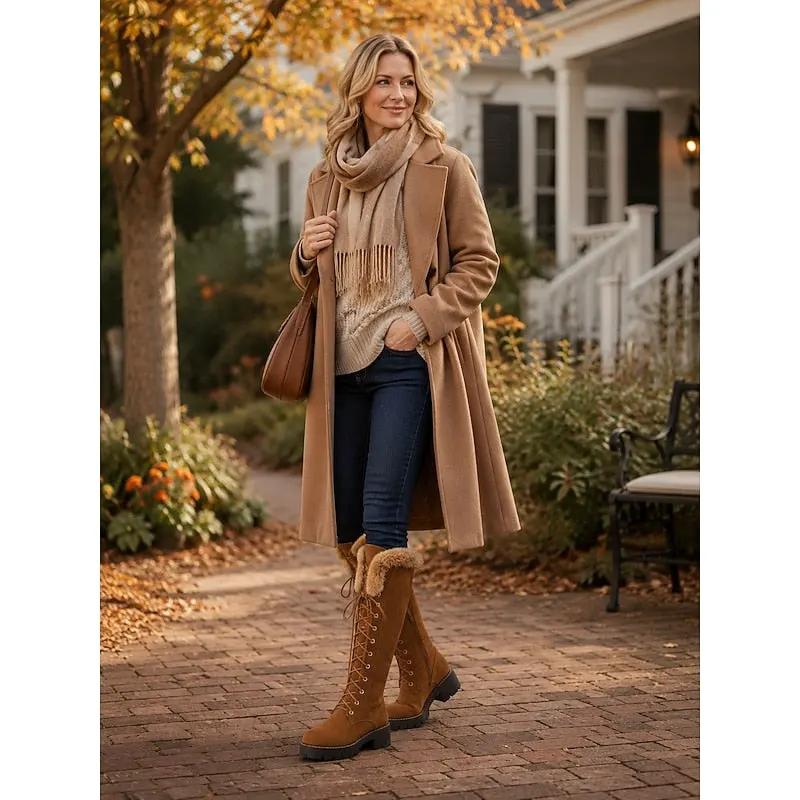 Women's Plush-Cuff Lace-Up Knee-High Winter Boots-Women's Shoes-Bellmaren-Camel-7-My Store
