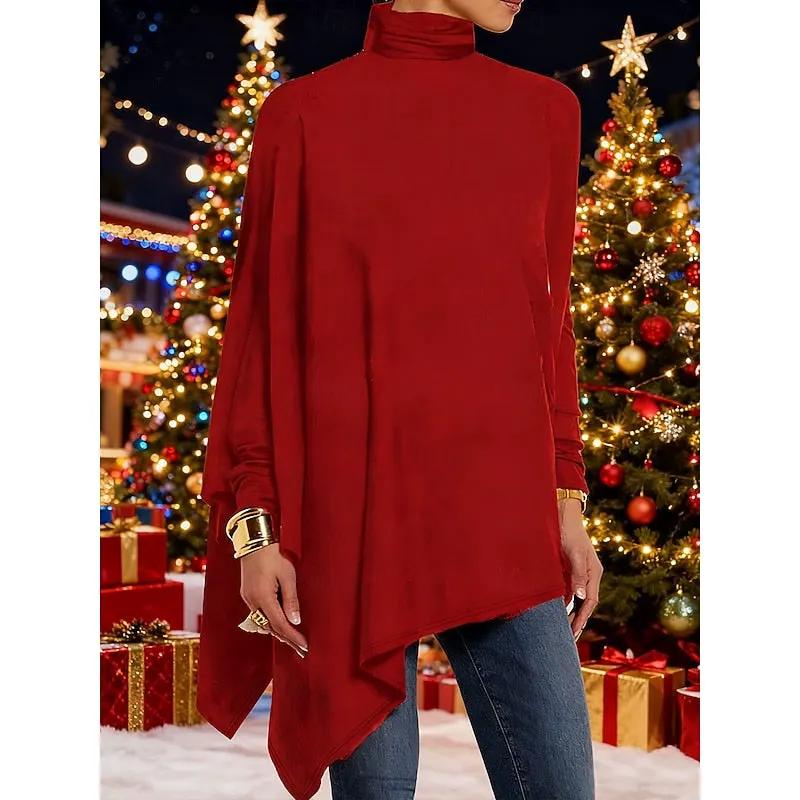 Women's Draped Asymmetric Turtleneck Top – Long Sleeve Layer