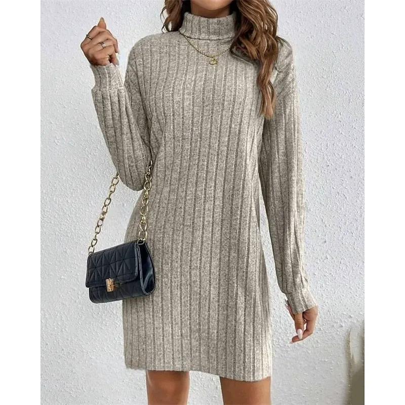 Women's Ribbed Textured Roll Neck Dress Relaxed Fit-Women's Dresses-Bellmaren-Apricot-S-My Store