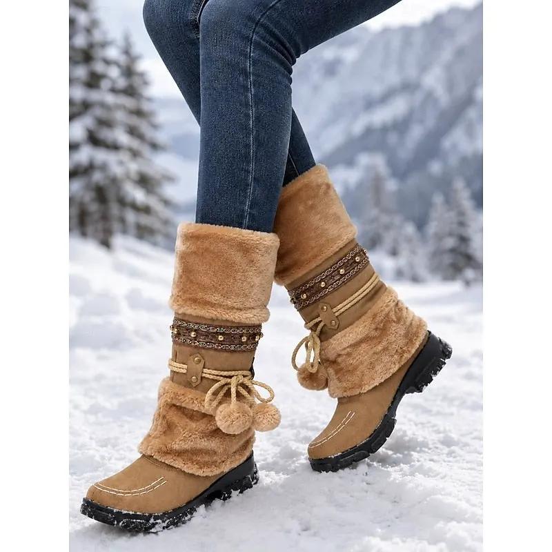 Women's Braided Pom-Pom Mid-Calf Boots-Women's Shoes-Bellmaren-Brown-4-My Store