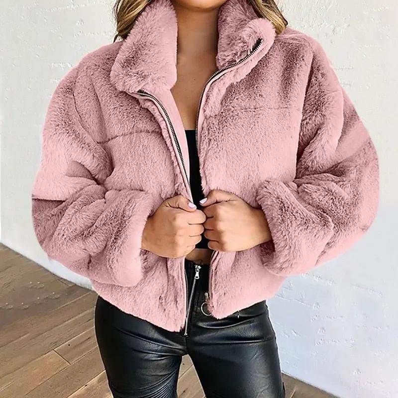 Women's Plush Cropped Zip Jacket – Stand Collar, Lightweight