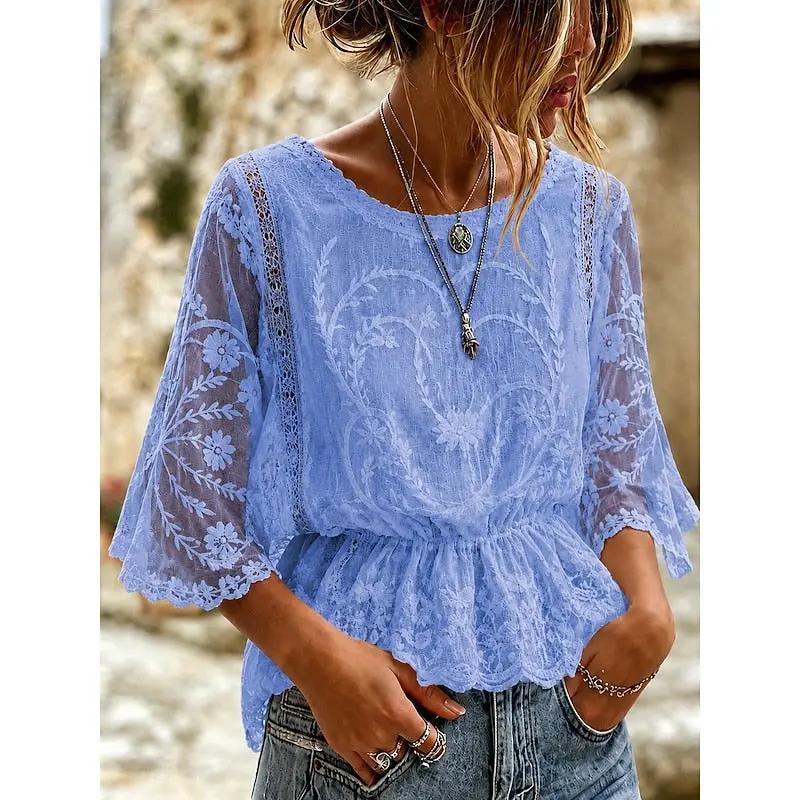 Women's Embroidered Peplum Blouse with Crew Neck-Women's Tops-Bellmaren-Blue-S-My Store
