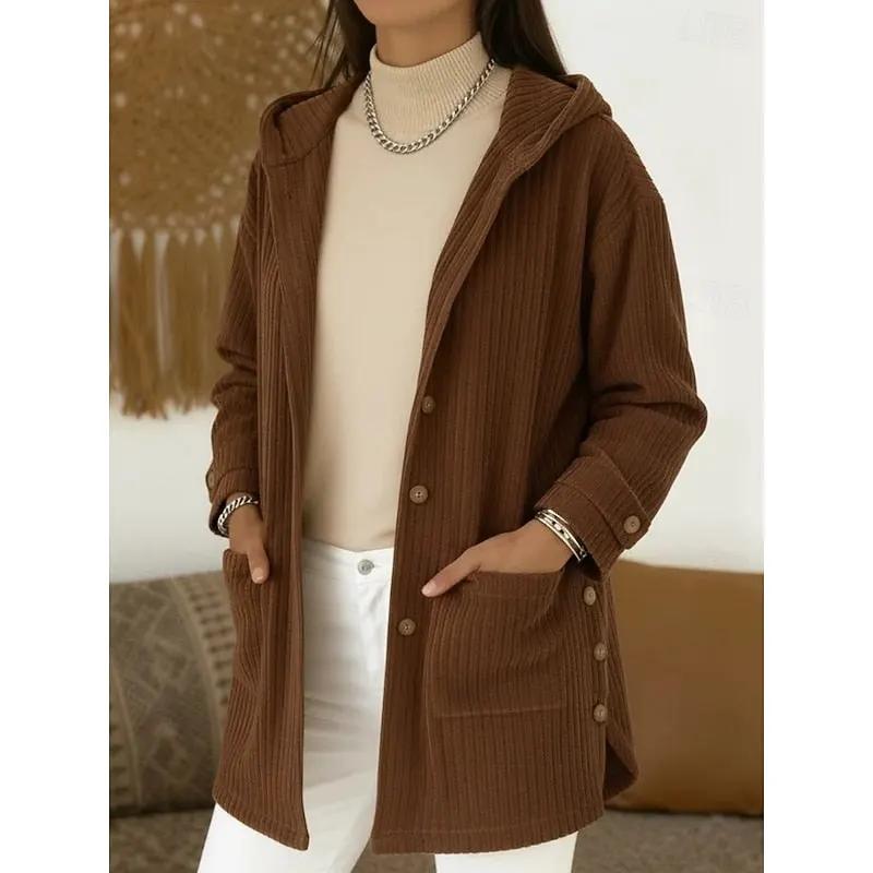 Women's Hooded Button-Front Coat – Relaxed Fit, Hip Pockets