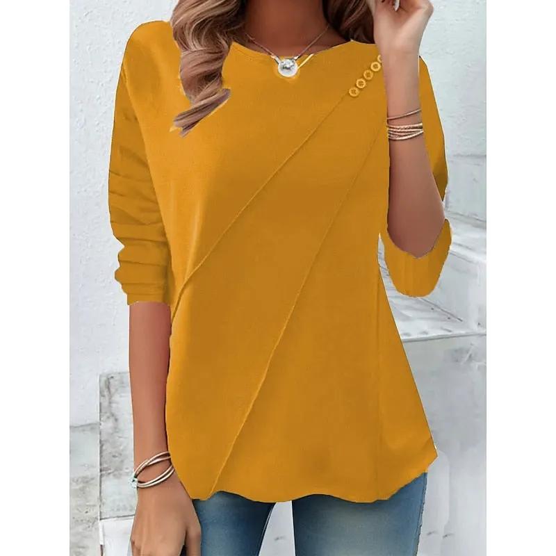 Women's Draped Long-Sleeve Top - Crew Neck Button by Bellmaren