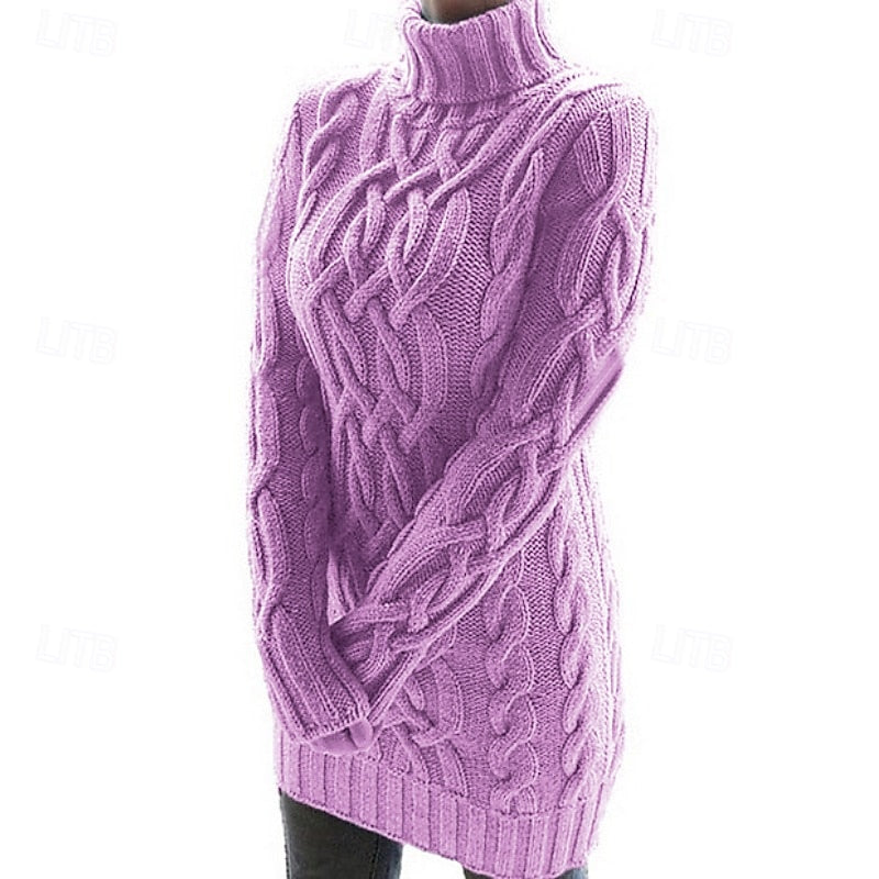 Women's Cable-Textured Turtleneck Sweater Dress-Women's Dresses-Bellmaren-Purple-S-My Store