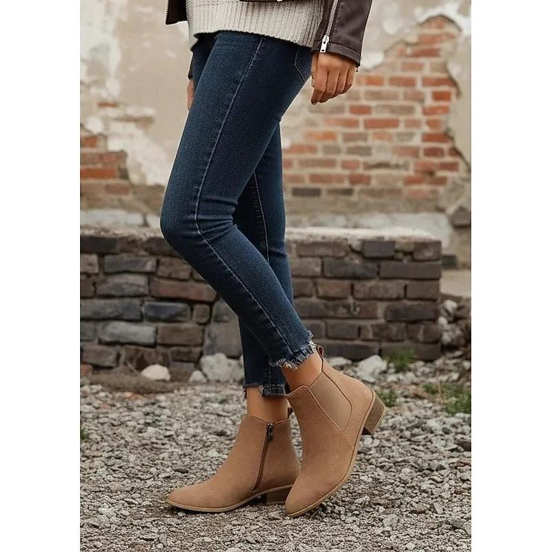 Women's Pointed-Toe Block Heel Ankle Boots for Workwear-Women's Shoes-Bellmaren-Khaki-4-My Store