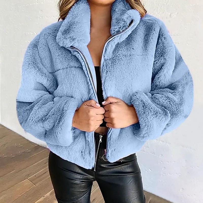 Women's Plush Cropped Zip Jacket with Stand-Up Collar-Women's Coats & Jackets-Bellmaren-Blue-M-My Store