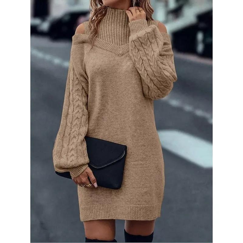 Women's Cold-Shoulder Turtleneck Sweater Dress-Women's Dresses-Bellmaren-Khaki-S-My Store