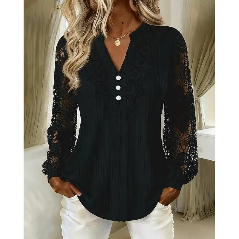 Women's V-Neck Lace-Trimmed Long Sleeve Openwork Blouse by Bellmaren