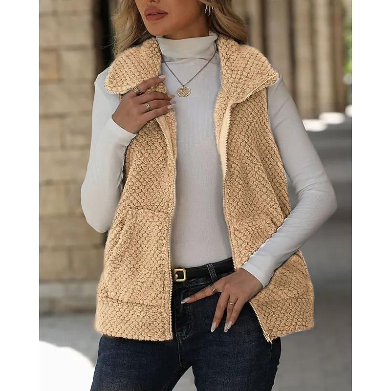 Women's Textured Soft Zip Front Relaxed Vest-Women's Vests-Bellmaren-Apricot-S-My Store